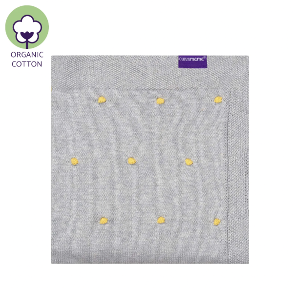 Clevamama Organic Cotton Knitted Pom Pom Baby Blanket - Grey For Sale